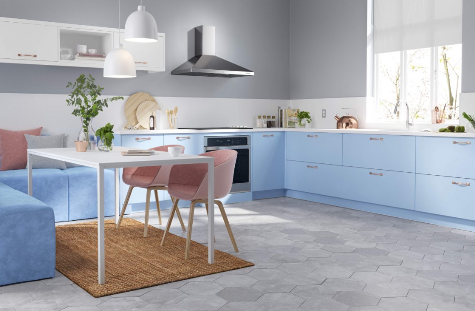 Freshly painted blue and white kitchen
